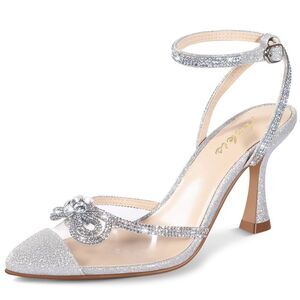 Ankis Women's Rhinestone Bow Heels Closed Toe Pumps Strappy Heels For Women Wed